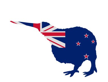 Yeni Zelanda bayrağı beyaz arka planda izole edilmiş Kiwi kuş vektör silueti çizimi üzerinde. Apandisit mantelli. Yeni Zelanda 'nın Kivi sembolü.