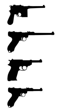 Koleksiyon silahları Luger Parabellum P 08 silah vektör silueti görüntüsü izole edildi. 2. Dünya Savaşı Alman subaylarının silah şekli. Askeri savaş. Walter P38 sembolü. Mavzer C 96 gölge.