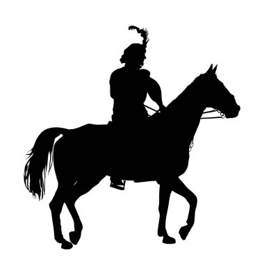 Ortaçağ prensi at vektör siluetine biniyor. Kırsal alanlarda gezmeyi seven bir adam. Soylu aristokrat şövalye at şekli. Süvari gölgesi. Savaştan sonra jokey erkek asker