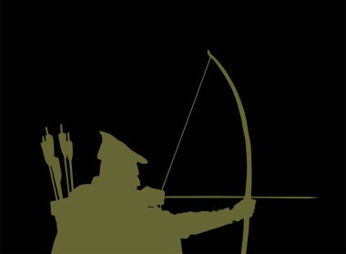 Geleneksel okçu vektör silüeti çizimi siyah arkaplanda izole edildi. Robin Hood şekli. Avcılık gölgesindeki geleneksel avcı. Ok ve yaylı adam hedefe nişan aldı..