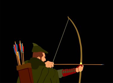 Geleneksel okçu vektör çizimi siyah arkaplanda izole edildi. Robin Hood vektörü. Geleneksel avcı. Ok ve yaylı adam hedefe nişan aldı..