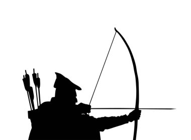 Geleneksel okçu vektör silüeti çizimi beyaz arkaplanda izole edildi. Robin Hood şekli. Avcılık gölgesindeki geleneksel avcı. Ok ve yaylı adam hedefe nişan aldı..