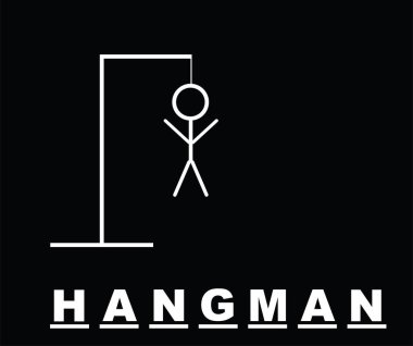 Cellat oyun vektör çizimi siyah arkaplanda izole edildi. Asılan adam tahmin et oyun ikonu hattı hatları. Strateji tahmini. İnsan vücudu ipte. Kelime oyunu elle çizilmiş çocuk oyunu.