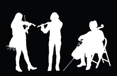 Kadın üçlü orkestra müzik sanatçısı vektör silueti çizimi izole edildi. Kız keman çalar, çellocu kadın çello çalar, flütçü kız flüt çalar. Zarif bayan müzisyen şekli. Enstrümanlar konser gölgesi