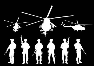 Askerler ve tüfekleri vektör silueti eşliğinde izole edildi. Asker nöbet tutmaya devam ediyor. Rangerlar sınırda. Komando helikopter ekibi. Özel kuvvetler insanları helikopterle korur..
