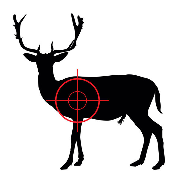 Мужская снайперская винтовка охотника нацелена на изолированную векторную иллюстрацию силуэта оленя Сика. Охота на диких животных в форме бакса. Точная стрельба по рогам трофейной тени жертвы. Стрельба.