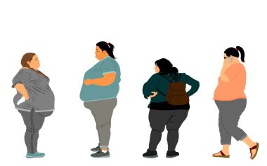 Şişman kadın şekil vektör çizimi izole edildi. Aşırı kilolu kadın sağlık sorunu. Büyük kızlar yemeği düşünür. Kadın kilo kaybı aktivitesi. Kilo veriyorum. Koca göbek. Şişman aile.