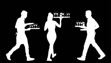 Acele edin, garsonlar servis tepsisini tutsun. Konuk vektör silueti için içecek siparişi versinler. Restoran hizmetçisi emir alıyor. Bar çalışanları misafirlere şarap servisi yapar. Barmen kokteyl içeceği.