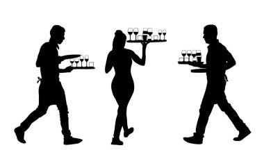 Acele edin, garsonlar servis tepsisini tutsun. Konuk vektör silueti için içecek siparişi versinler. Restoran hizmetçisi emir alıyor. Bar çalışanları misafirlere şarap servisi yapar. Barmen kokteyl içeceği.