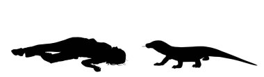 Yer vektörü siluetindeki Komodo ejderha avcısı turist kız izole edildi. En büyük kertenkele pusuya düşürüldü yaralı kadın kurban yere yattı. İnsan av Komodo monitörü. Varanus komodoensis