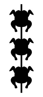 Tavuk kızartma makinesi tavukları fırındaki tükürük vektör silueti çizimine dönüştürüyor. Organik gıda mangalı. Lezzetli sıcak tavuk sokak fast food restoranı. Tavuk ızgara et eti, gölge şeklinde..