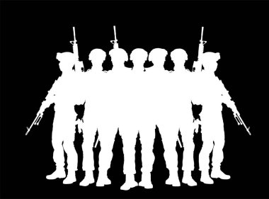 Tüfekli vatansever askerler ülke vektör siluetini izole bir şekilde koruyorlar. Görevdeki savaşçılar sınırları düşmana karşı korur. Çatışma harekâtı askeri harekat şekli. Cesur kahramanlar!.