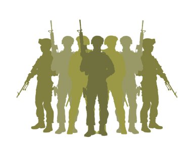 Tüfekli vatansever askerler ülke vektör siluetini izole bir şekilde koruyorlar. Görevdeki savaşçılar sınırları düşmana karşı korur. Çatışma harekâtı askeri harekat şekli. Cesur kahramanlar!.