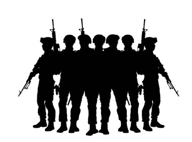Tüfekli vatansever askerler ülke vektör siluetini izole bir şekilde koruyorlar. Görevdeki savaşçılar sınırları düşmana karşı korur. Çatışma harekâtı askeri harekat şekli. Cesur kahramanlar!.