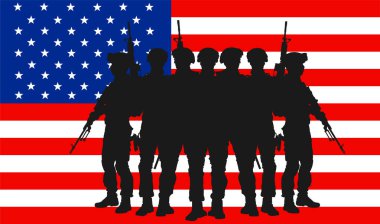 ABD bayrak vatansever askerleri ülke vektör siluetini izole bir şekilde korudular. Görevdeki savaşçılar sınırları düşmana karşı korur. Çatışma eylemi Amerikan askeri harekâtı şekli.