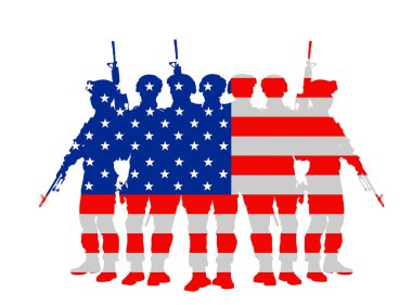 ABD bayrak vatansever askerleri ülke vektör siluetini izole bir şekilde korudular. Görevdeki savaşçılar sınırları düşmana karşı korur. Çatışma eylemi Amerikan askeri harekâtı şekli.