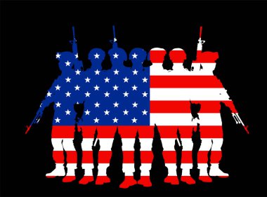 ABD bayrak vatansever askerleri ülke vektör siluetini izole bir şekilde korudular. Görevdeki savaşçılar sınırları düşmana karşı korur. Çatışma eylemi Amerikan askeri harekâtı şekli.