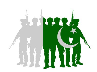 Tüfekli Pakistan vatansever askerleri ülke vektör siluetini izole ettiler. Görevdeki savaşçılar sınırları düşmana karşı korur. Çatışma eylemi Pakistan Askeri Savaş Operasyonu şekli