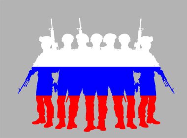Rus vatansever askerlerinin tüfekli bayrağı, ülke vektör siluetini izole bir şekilde savunuyor. Görevdeki savaşçılar sınırları düşmana karşı korur. Rusya Askeri Savaş Harekatı Çatışma Harekâtı.