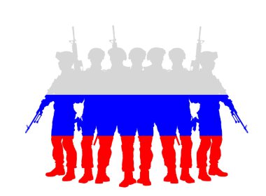 Rus vatansever askerlerinin tüfekli bayrağı, ülke vektör siluetini izole bir şekilde savunuyor. Görevdeki savaşçılar sınırları düşmana karşı korur. Rusya Askeri Savaş Harekatı Çatışma Harekâtı.