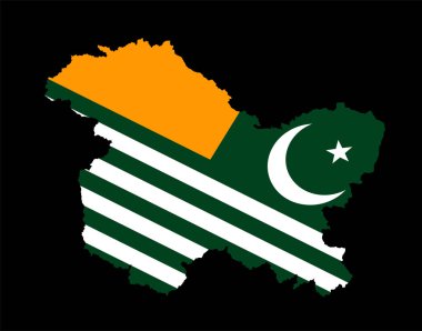Pakistan Azad Kaşmir bayrağı Jammu ve Keşmir harita vektör silueti üzerinde izole edilmiş. Anlaşmazlığa düşen sınır çatışması Pakistan 'a karşı Hindistan savaş krizi Asya. Keşmir dayanışma günü 5 Şubat