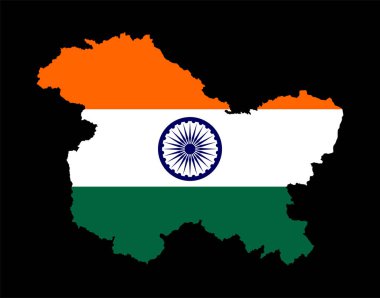 Jammu ve Kashmir bölge haritası silueti üzerindeki Hindistan bayrağı izole edildi. Pakistan ve Hindistan arasındaki sınır anlaşmazlığı. Asya 'da savaş krizi. Küresel siyasi durum.