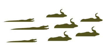 Açık çeneli timsah saldırısı Nyala sürü vektör silueti çizimi izole edildi. Hayatta kalan sulama yeri savaşan sürüngen geyik antilobuna karşı. Vahşi yaşam su avı yırtıcı etobur av.