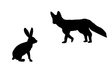 Kurnaz avcı tilki, izole edilmiş bir tavşan vektör siluetini gizler. Akıllı hayvan avcısı. Arkasında aç tilki avlama tavşanı var. Orman yaban hayatı besin zinciri tehlikesi. Avlanmak için sinsice sokulmak.