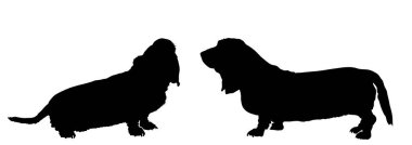 Basset av köpekleri vektör silueti çizimi yapan çift izole edildi. Dachshund köpek şekli. Basset ailesinin gölgesi. Köpeğe dikkat et. Çocuklar için en iyi arkadaş. Evcil hayvan, evin aile ferdi. Safkan..