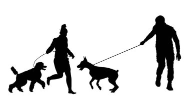 Tasmalı fino sahibi kadın, Doberman köpek vektör silueti izole edilmiş bir adamla oyun oynuyor. Evcil hayvan şekilli bir kız. Hayvanlar ve insanlar açık hava parkı aktivitesi. Aşık çift oğlanla kız eğleniyor.