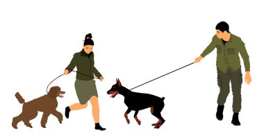 Tasmalı fino sahibi kadın, doberman köpek vektör çizimi izole edilmiş bir adamla oyun oynuyor. Evcil hayvan koşan kız. Hayvanlar ve insanlar açık hava parkı aktivitesi. Aşık çift oğlanla kız eğleniyor.