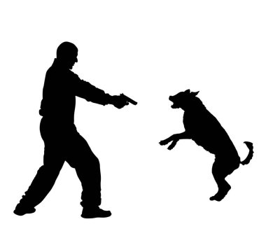 Silahlı bir adam kızgın köpek vektör siluetine ateş etmeyi hedefliyor. Tabancalı çocuk kendini bir köpek saldırısından koruyor. Nefsi müdafaa, saldırgan hayvan ısırıklarına karşı hayatı korur..  