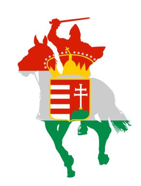 Macaristan Krallığı bayrağını savaş vektörü silueti çiziminde kılıçlı ve kalkanlı şövalye kahramanın üzerine dikti. Habsburg monarşi bayrağı ulusal sembolü Habsburg imparatorluğunun bir parçası..
