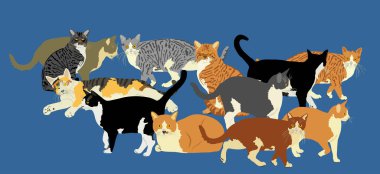 Arka planda birçok kedi vektör illüstrasyonundan oluşan bir grup var. Kedi ailesi. Sevimli, dost canlısı. Çizgi film kedisi ailesi. Evde ya da çiftlikte evcil hayvan.