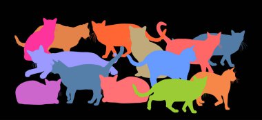 Arka planda birçok kedi vektör silueti çizimi grubu izole edildi. Sevimli evcil hayvan gölgesi. Çizgi film kedisi aile şekli. Evde ya da çiftlikte evcil hayvan.