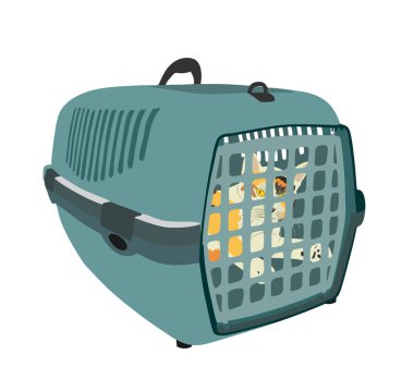 Taşıyıcı taşıyıcı taşıyıcı vektör illüstrasyonundaki kedi arka planda izole edildi. Kedi dostu hayvan taşımacılığı. Kafes taşımacılığındaki sevimli aile ferdi. Şehir merkezinde evcil hayvan.