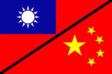 PRC Çin bayrağı Tayvan bayrağının yarısı vektör illüstrasyonuyla izole edildi. Ulusal sembol Çin ve Tayvan Bölgesi. Doğu 'da çatışma durumu. Bölgesel sınır gerilimi. Potansiyel savaş krizi.