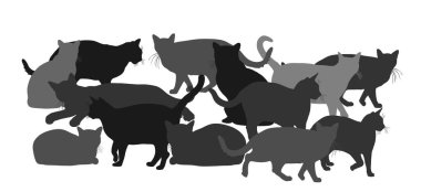 Arka planda birçok kedi vektör silueti çizimi grubu izole edildi. Kedi ailesi. Sevimli, dost canlısı. Kedi sembolü şekli. Renkli kedi gölgesi arkaplan dekoratifi.