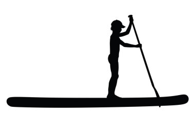 Küçük çocuk su vektörü siluetinde tek başına sup 'a biniyor. Yüzme giysisi giyen çocuk sörfçü dışarıda eğleniyor. Bikinili sporcu evlat, yaz tatilinin tadını çıkar. Aktif aile eğlencesi. 