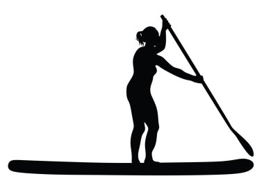 Su vektörü siluetinde yemek yiyen bir kadın izole edilmiş. Yüzme kıyafeti giyen bayan sörfçü açık havada eğleniyor. Bikinili sporcu kız kürekle ayakta duruyor. Aktif kadın eğlencesi. 