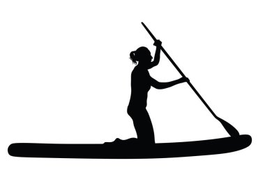 Su vektörü siluetinde yemek yiyen bir kadın izole edilmiş. Bayan sörfçü dışarıda eğleniyor. Bikinili sporcu kız, dizlerinin üzerinde kürekle yaz tatilinin tadını çıkar. Aktif kadın eğlencesi. 