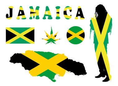 Amblem pankartı Jamaika bayrağı ulusal sembolü Rasta man Dreads vektör illüstrasyonu izole edildi. Amerika, Karayip Eyaleti, Vatansever işareti. Jamaika haritası. Rastafari Kingman erkek marihuana etiketi.