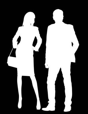 İş adamları yakışıklı çift kadın ve erkek vektör silueti çizimi izole edildi. Moda çekici bir erkek gibi poz veriyor. Seksi bir bayan. Kadın, erkek figürü. Cazibeli top model oyuncuları.