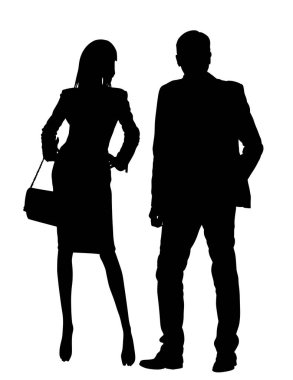 İş adamları yakışıklı çift kadın ve erkek vektör silueti çizimi izole edildi. Moda çekici bir erkek gibi poz veriyor. Seksi bir bayan. Kadın, erkek figürü. Cazibeli top model oyuncuları.