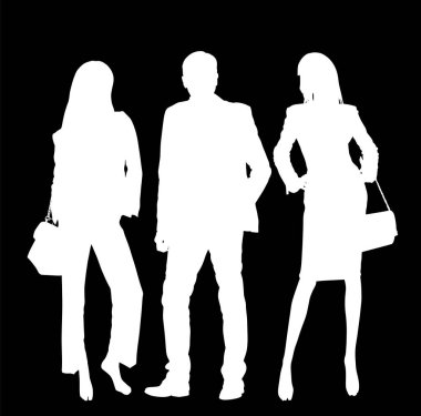 İş adamları yakışıklı çift kadın ve erkek vektör silueti çizimi izole edildi. Moda çekici bir erkek gibi poz veriyor. Seksi bir bayan. Kadın, erkek figürü. Cazibeli top model oyuncuları.