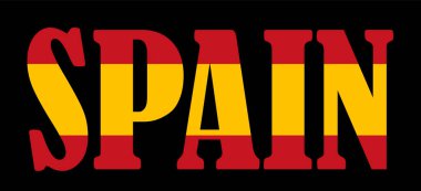 Amblem pankartı İspanya bayrağının ulusal sembolü illüstrasyon izole edildi. Avrupa devletinin vatansever işareti, AB üyesi. Turistler için seyahat ve seyahat hatırası İspanya çıkartması. Tişört izi damgası.