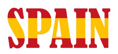 Amblem pankartı İspanya bayrağının ulusal sembolü illüstrasyon izole edildi. Avrupa devletinin vatansever işareti, AB üyesi. Turistler için seyahat ve seyahat hatırası İspanya çıkartması. Tişört izi damgası.