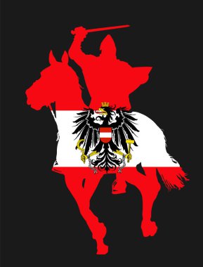 Avusturya bayrağı kılıçlı şövalye kahramanın üzerinde, savaş vektörü siluetinde kalkan yalıtılmış. Eski Habsburg monarşi imparatorluğu üyesi ulusal sembol imparatorluğu. Avrupa devleti