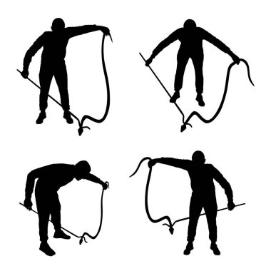 Yılan yakalayan cesur bir adam sopa vektör silueti çizimi ile izole edildi. Zehirli yılan yakalayıcı kontrolü. İlaç eczanesi için ölümcül zehirli yılan şekilli yılan. Tehlike yok edici hayvan..