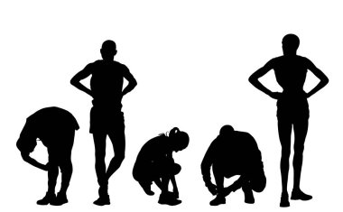 Maraton koşucuları yarış için vektör siluetini bekliyor. Sporcu atlet bitiş çizgisinde dinleniyor. Oyuncular oyuna konsantre olur. Birinci sınıf. Spor ayakkabısı bağlayan spor çift.